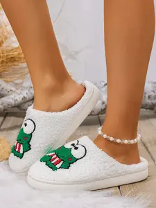 Cute Cartoon Frog Plush Slippers, Lightweight Soft Teddy Velvet, Embroidered 3D Frog, Thick Fleece Lining, Anti-Slip Sole, Comfortable Home Slippers