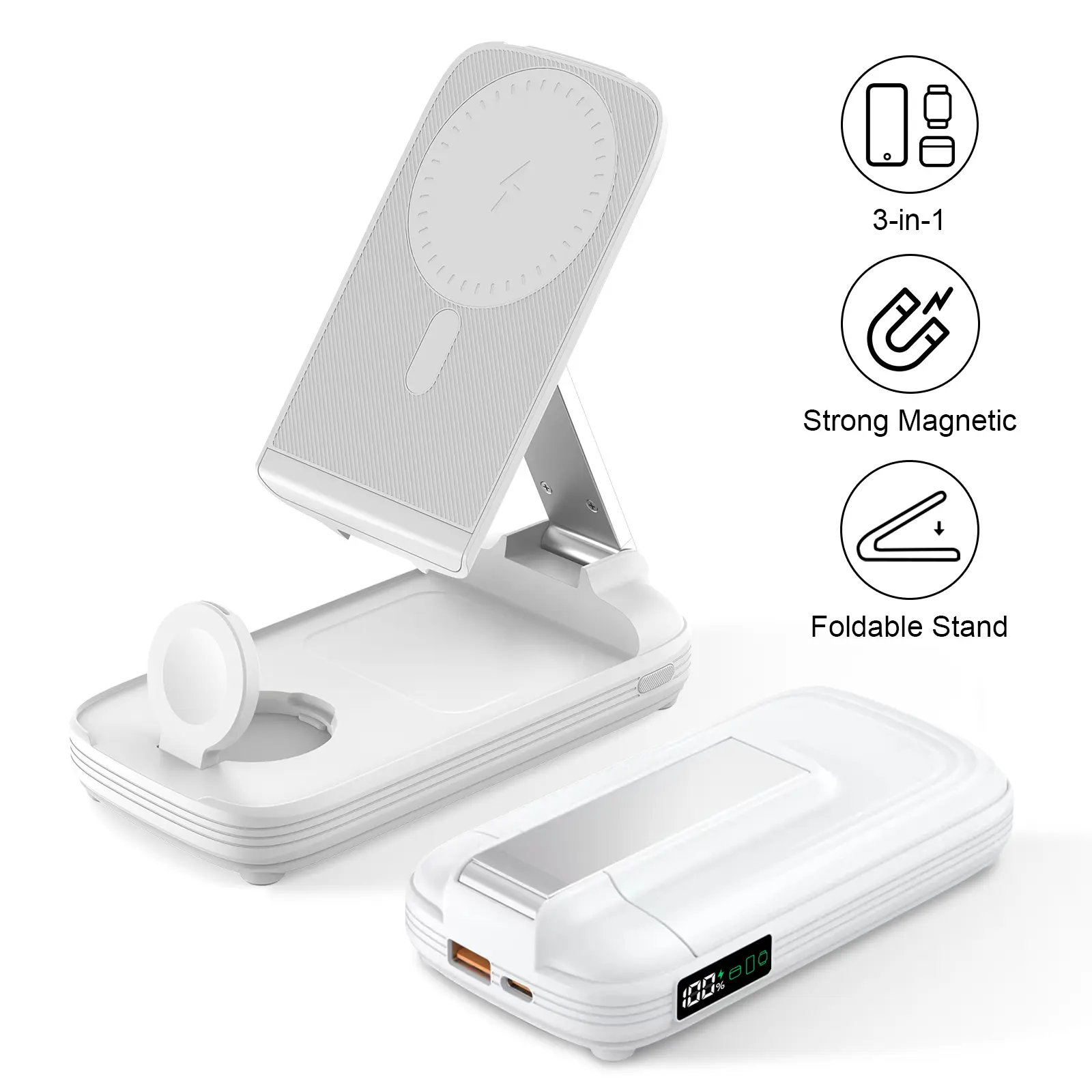 BLKE 3-in-1 Foldable Wireless Power Bank, 10000mAh Magnetic Power Bank with Adjustable Phone Stand, Fast Charger, Portable Wireless Charger with Digital Display for iPhone 17 / 16 / 15 / 14 / 13 / 12 Series & Earbuds & Apple Watch mothersdaygift