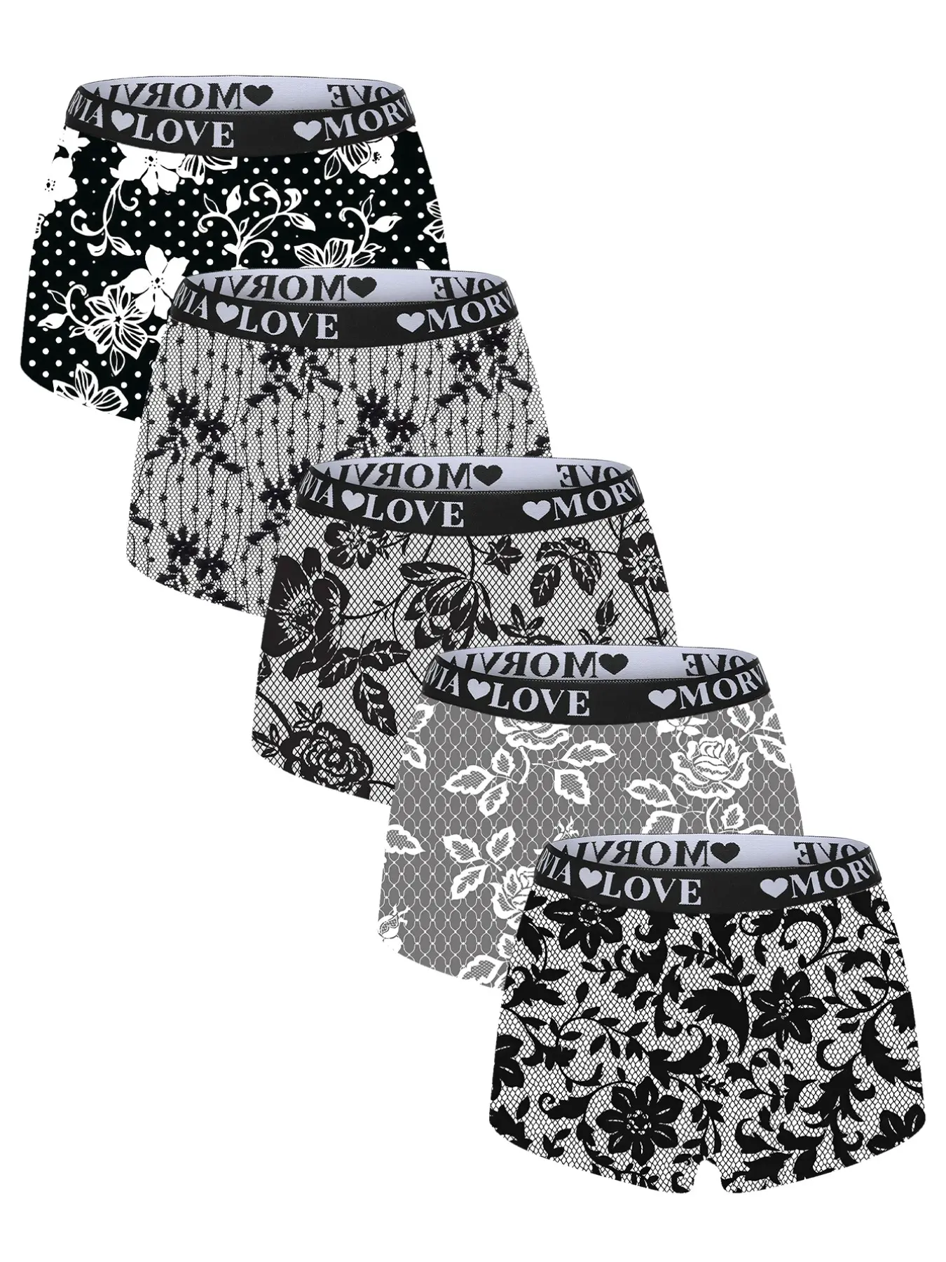 Morvia 6Pcs Soft-Touch Lace-Print Floral Woman's Boyshort Panties, Breathable Stretch No-Dig Waistband, Comfortable Undies for Daily Wear, Casual, Fitted Panties, Casual Comfy Panties, Fitted Underwear