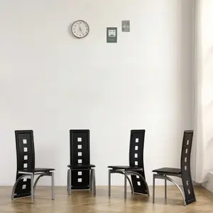 4pcs Long Backrest Square Hollow PU Leather Dining Chair with Round Tube and Black Cushion, Electroplating Chair Leg