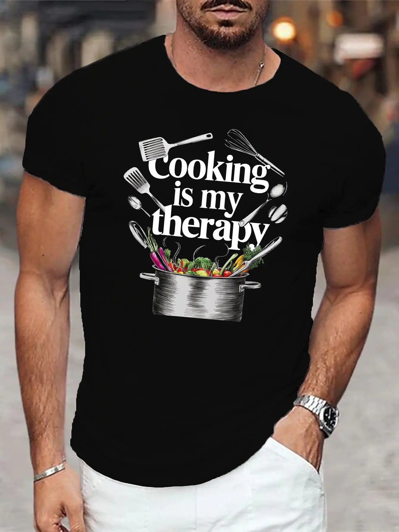 Cooking Is My Therapy Graphic T-Shirt Cooking Pot Kitchen Utensils Vegetable Print Short Sleeve Casual Tee For Chef Cooking Lovers Men Women
