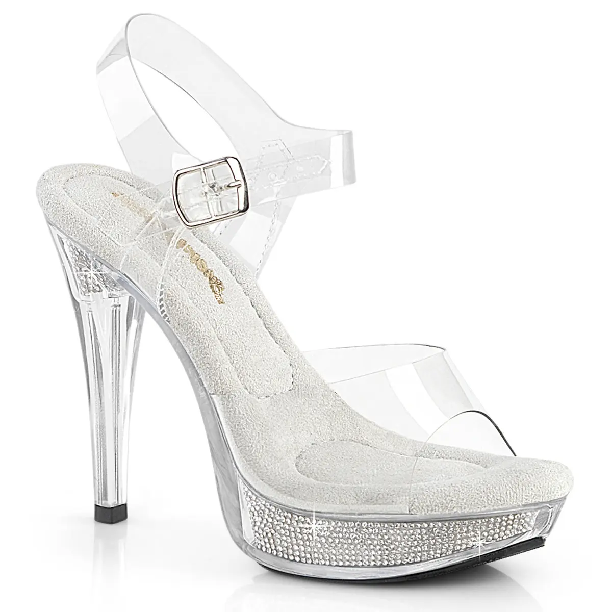 Women's Elegant High Heels, Rhinestone Open Toe Sandals with Transparent Ankle Strap, 1" Platform Statement Shoes for Evening Parties, Footwear, Platform Heels, Cocktail Wear, Rhinestones, Silver, Clear/Silver Rhinestones, Elegant Evening Footwear