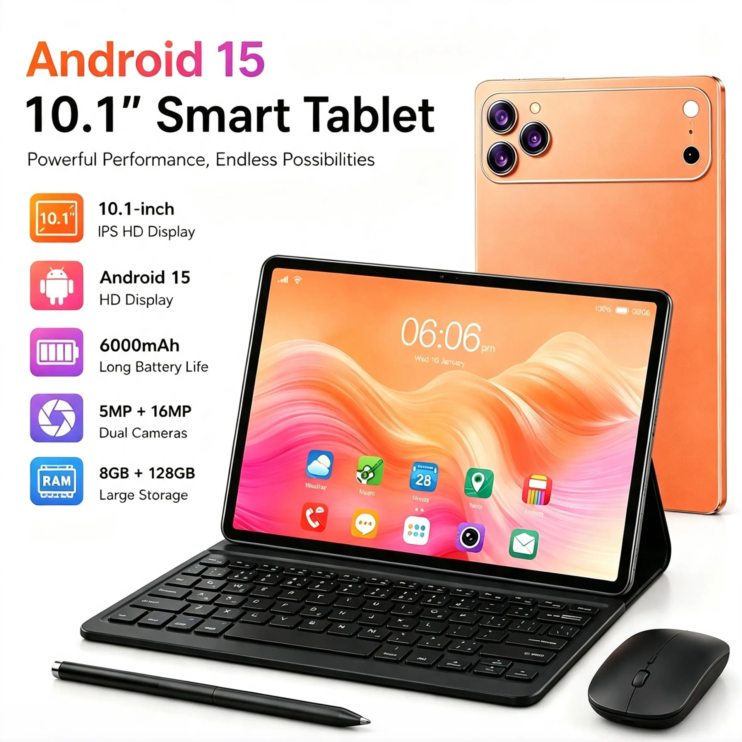 10.1-inch Android 15 Tablet, 8GB RAM, 128GB Storage, 6000mAh Battery, 2.4G-5G Wi-Fi Support, 5MP+16MP Dual Cameras, 1280×800 Full HD IPS Screen, Ideal for Work & Entertainment, Perfect Birthday Gift Cellphone Smartphone Bluetooth Button