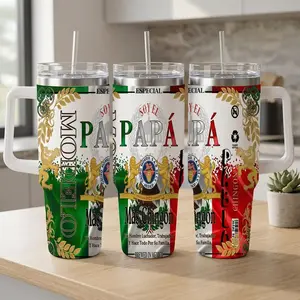 El Papa Mas Chingon Tumbler with Handle, Mexican Flag Beer Inspired Insulated Stainless Steel Travel Mug, Funny Father's Day Gifts for Dad Husband Men, Mexican Pride Car Cup Holder Friendly