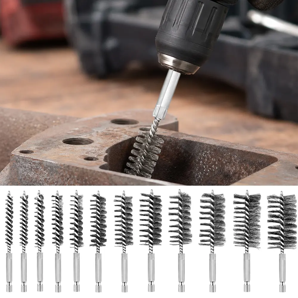 12pcs Stainless steel wire tube brushes. Multi - specification wire brushes are used for deburring screws and threads, removing rust, and feature a 1/4 - inch hexagonal handle design.