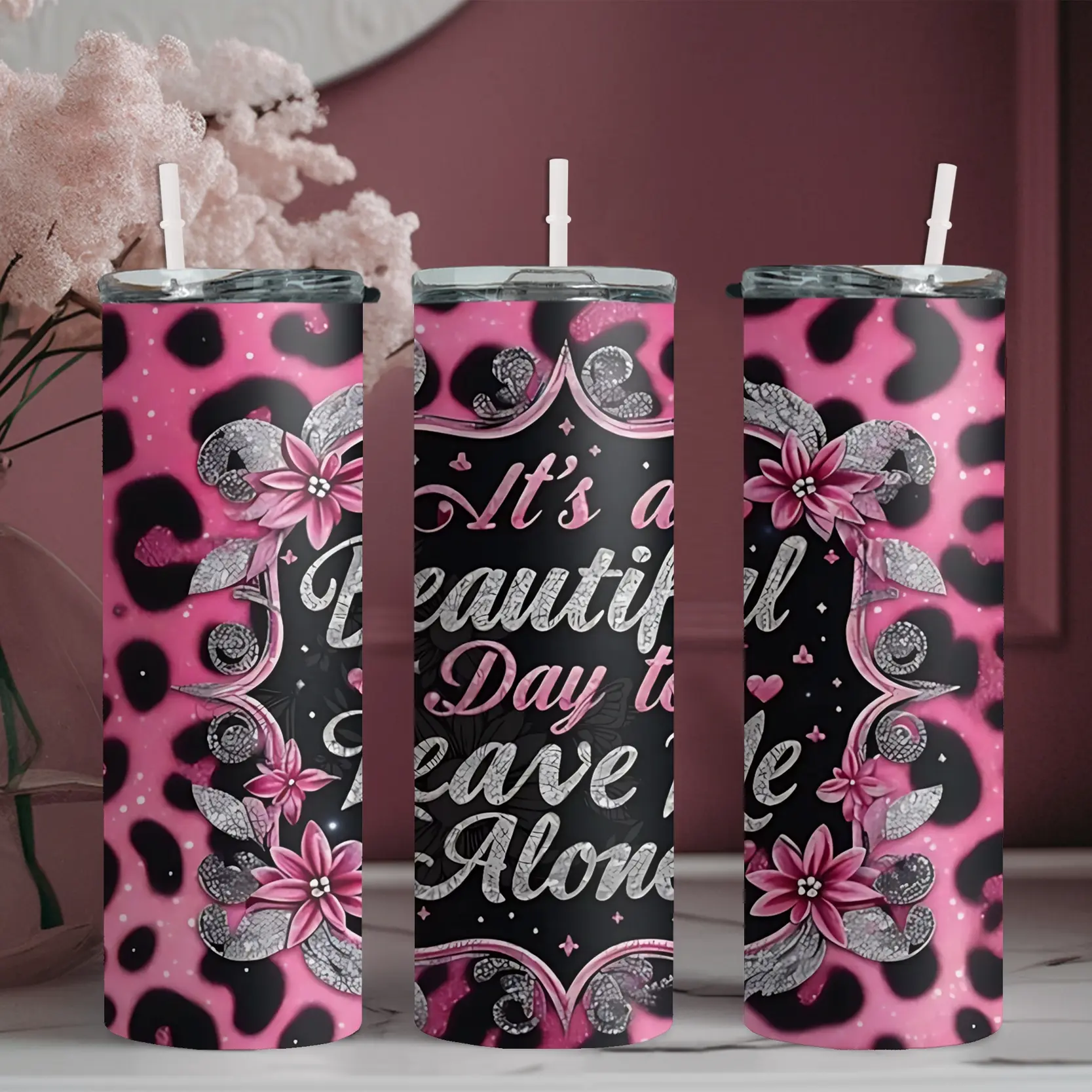 20oz Portable Airtight Stainless Steel Water Bottle with Straw - Printed Style Pink Leopard Skinny Tumbler with Floral Border, Suitable for Fitness, Travel, Great Gift for Family | 1pc Animal Print Water Bottle, Animal Print Water Bottles