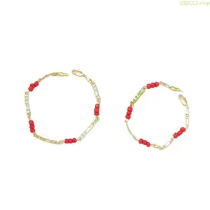 14K Gold Plated Wine Red Beaded Bracelet for Women, Elegant Fashion Jewelry, Stretch Bead Wristband for Daily Wear, Christmas Gift & Party Accessories