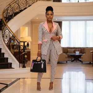 Women's Houndstooth Print Corset Jacket and Slim Fit Trousers Suit Set - Notch Neck Zipper Front Detail Elastic Waist Professional Office Wear Business Casual Outfit Two Piece Matching Set Modern Tailored Design Ladies Fashion Clothing