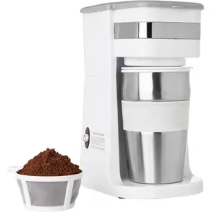 White Personal Single Serve Coffee Maker with 14oz Travel Mug, Drip Small Coffee Maker with Auto Shut Off,  Filter, Works with Ground Coffee Only - Not for K-Cup Pods