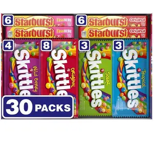 Starburst & Skittles Chewy Candy Variety Box Full Size 30 Packs Assorted Flavors Original Sour Tropical Wild Berry