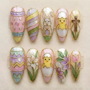 Stained Glass Cross Press On Nails Pastel Easter Nail Art Christian Religious Gold Chrome Mosaic Spring Floral Almond Glue On Nails