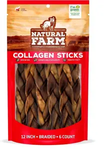 Natural Farm 12 Inch Braided Collagen Sticks for Dogs - 95% Collagen for Skin Coat & Joint Health - Odor-Free & Highly Digestible - 6-Pack