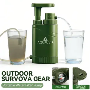 AQUPUVIR Portable Water Filtration Pump Outdoor Survival Gear, 0.01 Micron Replaceable Carbon Filter 4-Stage Purification, Food-Grade ABS Lightweight for Camping Hiking Backpacking Emergency EDC, Ideal Gift for Father’s Day Easter