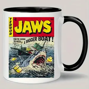 Jaws Ceramic Coffee Mug: Insulated Reusable Cup with Pulp Attack Comic Design, Hand Wash Only, Gift for Men & Women