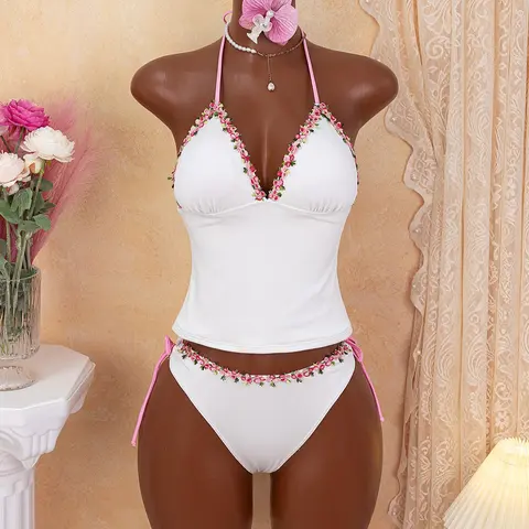 Women's Fashion Tankini Set, Tankini Outfit, Tankini Swimsuits Women, Tankini Swimwear Solid-Color Floral Lace Sexy Tankini Top Bottoms Two-Piece Swimsuit, Perfect for Beach Vacations and Pool Parties