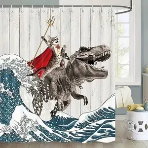 Handsome kitten shower curtain for dinosaur surfing, perfect for bathroom decoration accessories, partitions, beautification space, polyester durable material, easy to clean, machine washable, multiple sizes to choose from, shower curtain hook