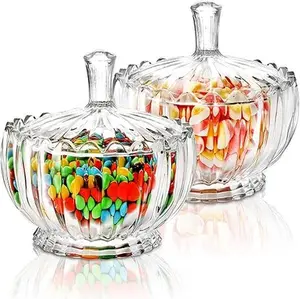2 Pack Glass Candy Dish with Lid Large, 34 Oz Crystal Decorative Covered Sugar Bowl, Clear Biscuit Barrel Candy Buffet Box Storage Container for Snack, Gift, 6", Vintage Stripe Style