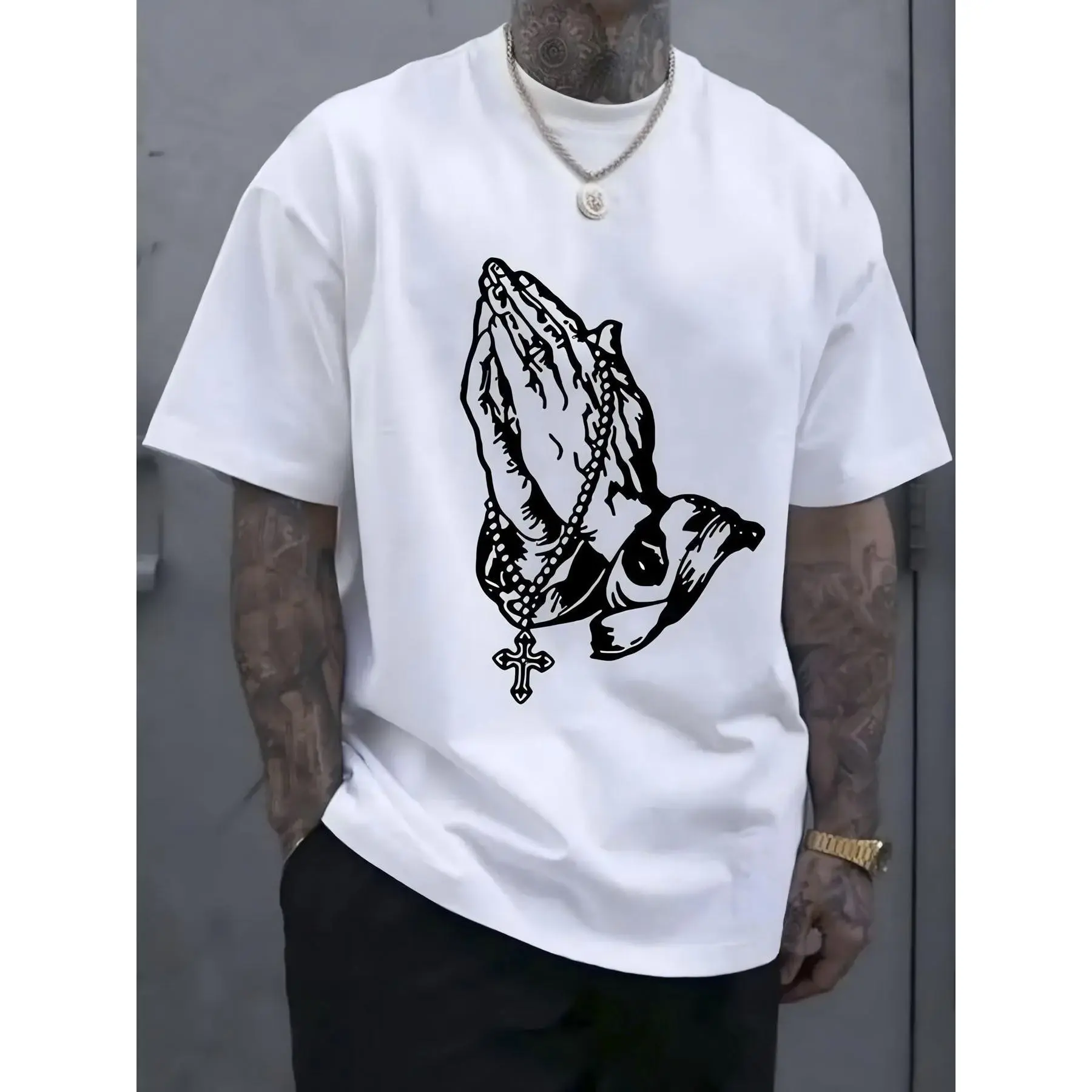Cotton Short Sleeve  T-Shirt Men's "Pray" Graphic Cotton T-Shirt Breathable & Comfortable, Short Sleeve, Round Neck, Casual Summer Wear, Everyday Clothing |       Streetwear Fashion |       Smooth Texture Crewneck Top Graphic tees Fabric Menswear