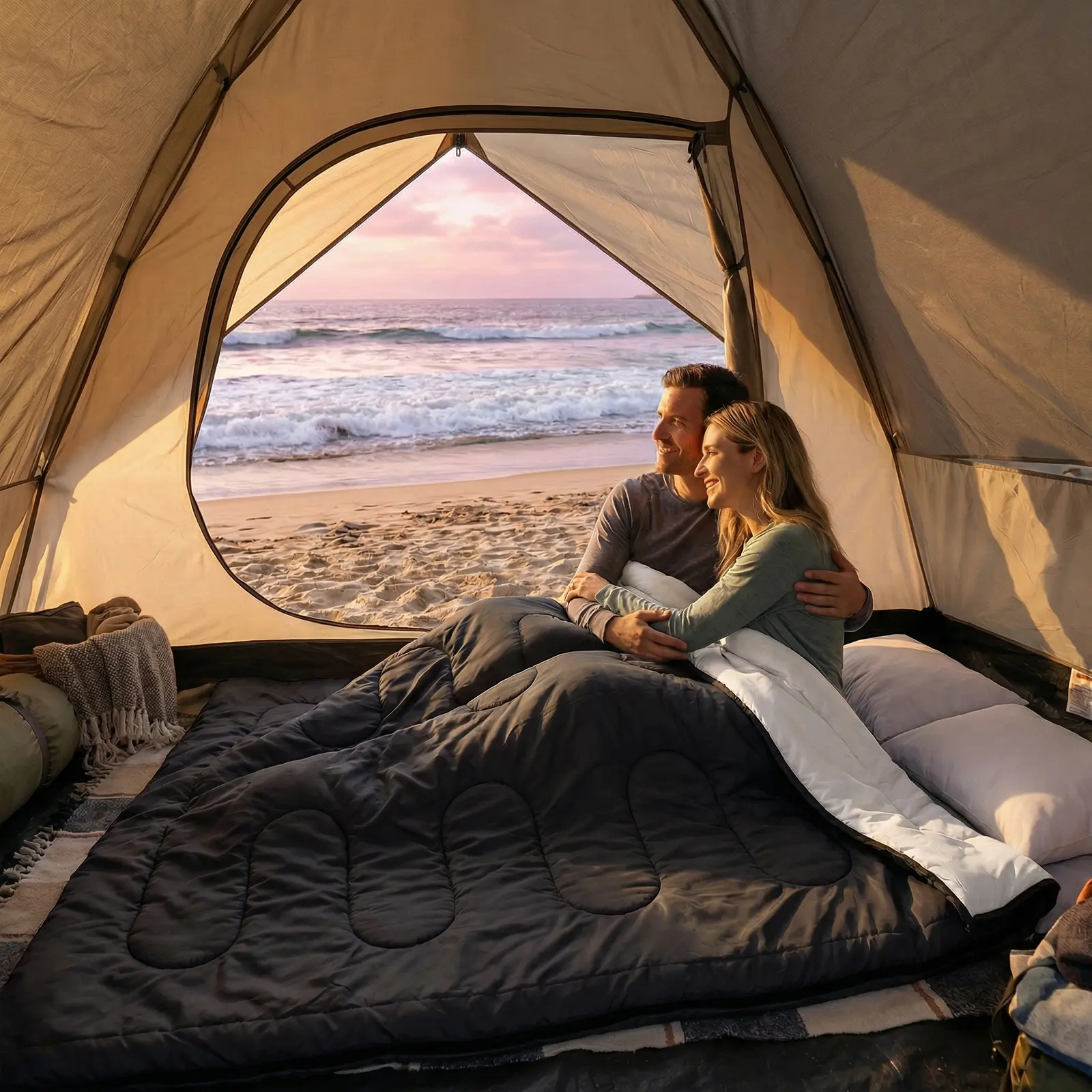 2-in-1 Double Sleeping Bag for Adults & Couples - Waterproof Camping Gear with 2 Pillows & Compression Bag - Lightweight & Machine Washable for Hiking & Backpacking