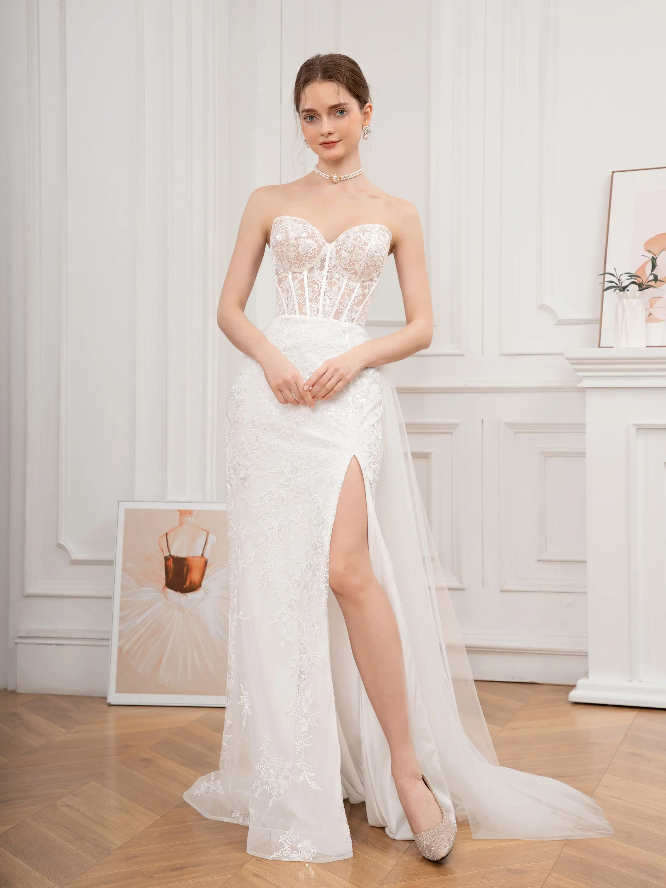 Heart Neckline Strapless Sequin Embroidered Flounce Slit Wedding Dress