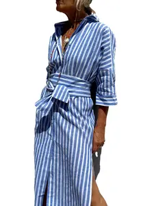 Ebossy Womens 2026 Shirt Dress Casual Lapel 3/4 Sleeve Button Down Split Belted Vacation Maxi Dress