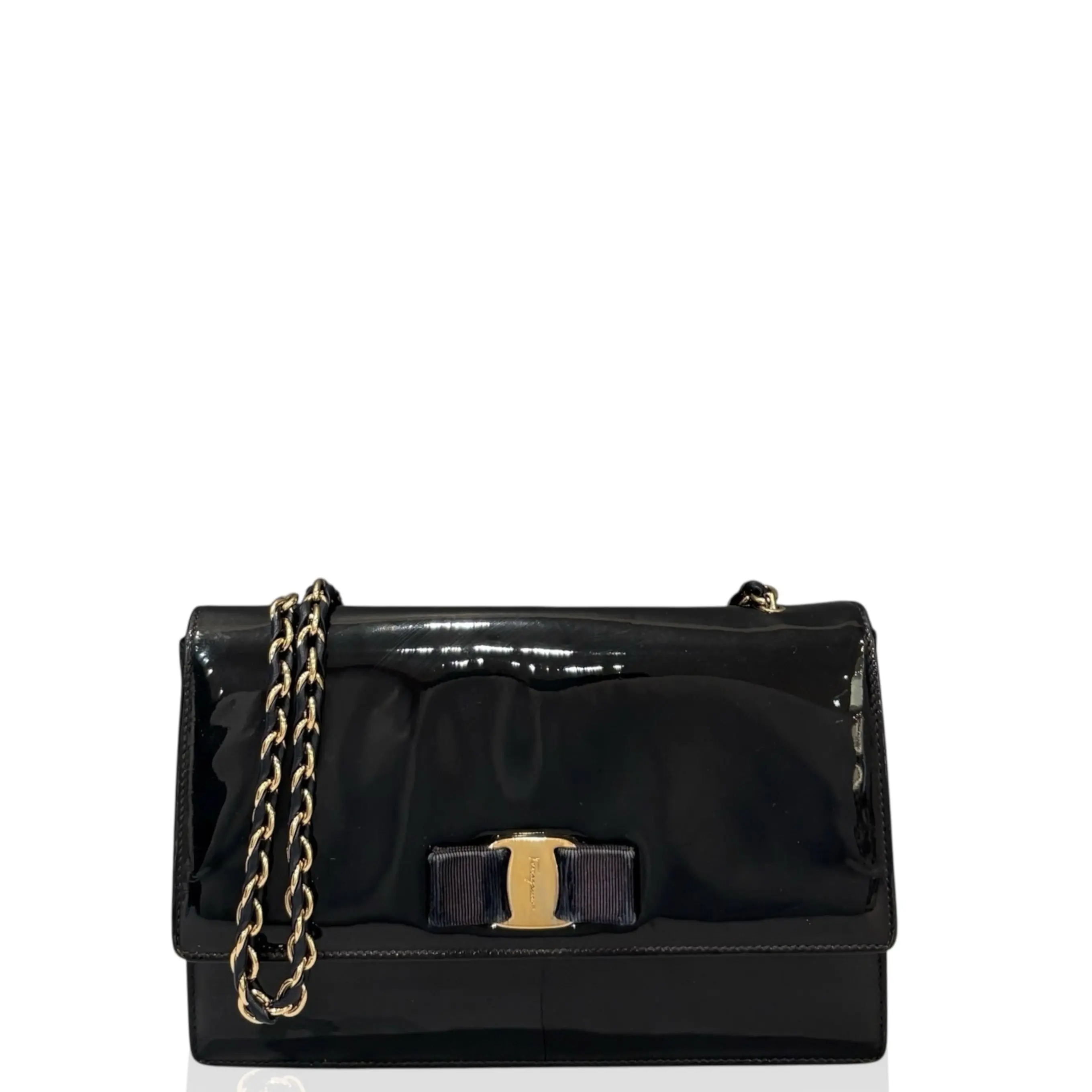 Pre-owned SALVATORE FERRAGAMO Leather Crossbody Bags Vara Bow Crossbody Bag Patent Calfskin Dark Blue (ws050126a1)