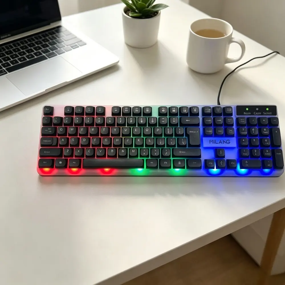1pc Wired backlit full-size gaming keyboard, 104 key rainbow illuminated computer keyboard, ergonomic silent USB wired office typing keyboard, suitable for indoor leisure gaming peripherals of computers, laptops, and desktops