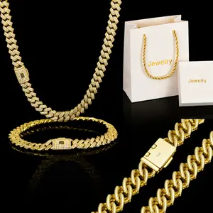 [Set] New Rust-Prevention Technology 14K Gold FullDiamond Cuban Link Set | Iced Out Necklace & BraceletCombo | Hip Hop Fashion Jewelry Gold-Plated men's