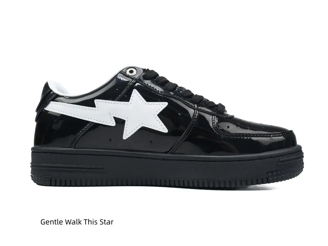 Lightweight Low Top Glossy Patent Leather Casual Shoes For Men Women, Solid Black Design With White Star Emblem Accent, Shock Absorbing Layered Midsole, Lace Up Sneakers Suitable For Daily Walking, Street Fashion, Night Outfits