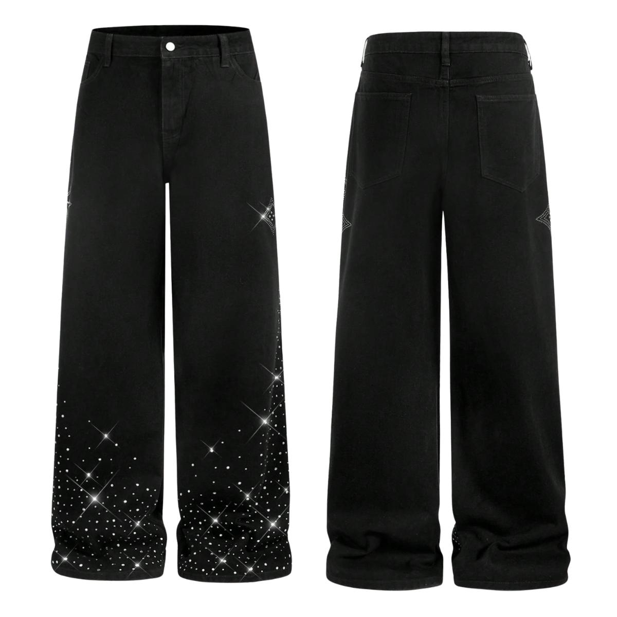 Men’s trendy black denim jeans with star rhinestones, high-street style wide-leg long pants