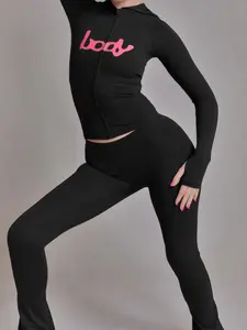 Women's Fall Fashion Hooded Letter Print Zipper Skinny Sports Pants Set, Sweatsuit Outfits, Casual Long Leggings, Slim Fit, Trendy