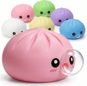 Dumpling Squishy Toy with Bubble Blowing Feature, Squishy Dumpling Stress Relief Toy, Cute Bao Bun Squeeze Toy with Steamer Box, Soft Sensory Fidget Desk Toy Gift