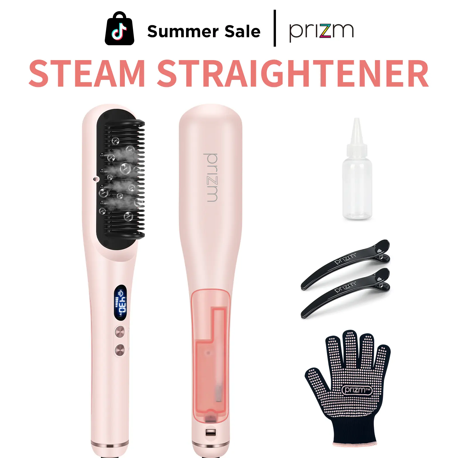 Prizm Ionic Steam Hair Straightener Brush & Comb - 430°F Fast Heating, Frizz Control, Silky Straight, Shine Enhancing Unisex Single Item for Curly/Thick Hair