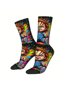 BIIHUDU Men's Chucky Horror Movie Socks - Full-Body Iconic Character Print (Chucky Face & Iconic Outfit) - Officially Inspire