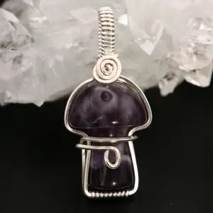 Silver Wire Wrapped Amethyst Mushroom Crystal Necklace Pendant