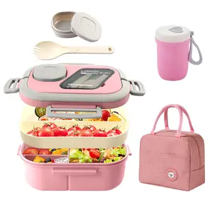 All-in-1 Bento Lunch Box Kit for Adult Meal Prep Lunch Snack，3 Pcs Portable Lunch Container Set for Adults & Kids, Includes Bento Box, Soup Cup, Lunch Bag, Keeps Food Fresh & Flavor Separate, Munch Box, Plastic Bento Box