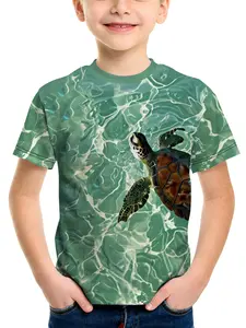 Boys' 3D Turtle Swim Print Short Sleeve T-Shirt, Casual Ocean Style Round Neck, Slim-Fitting Long T-Shirt for Middle School Boys