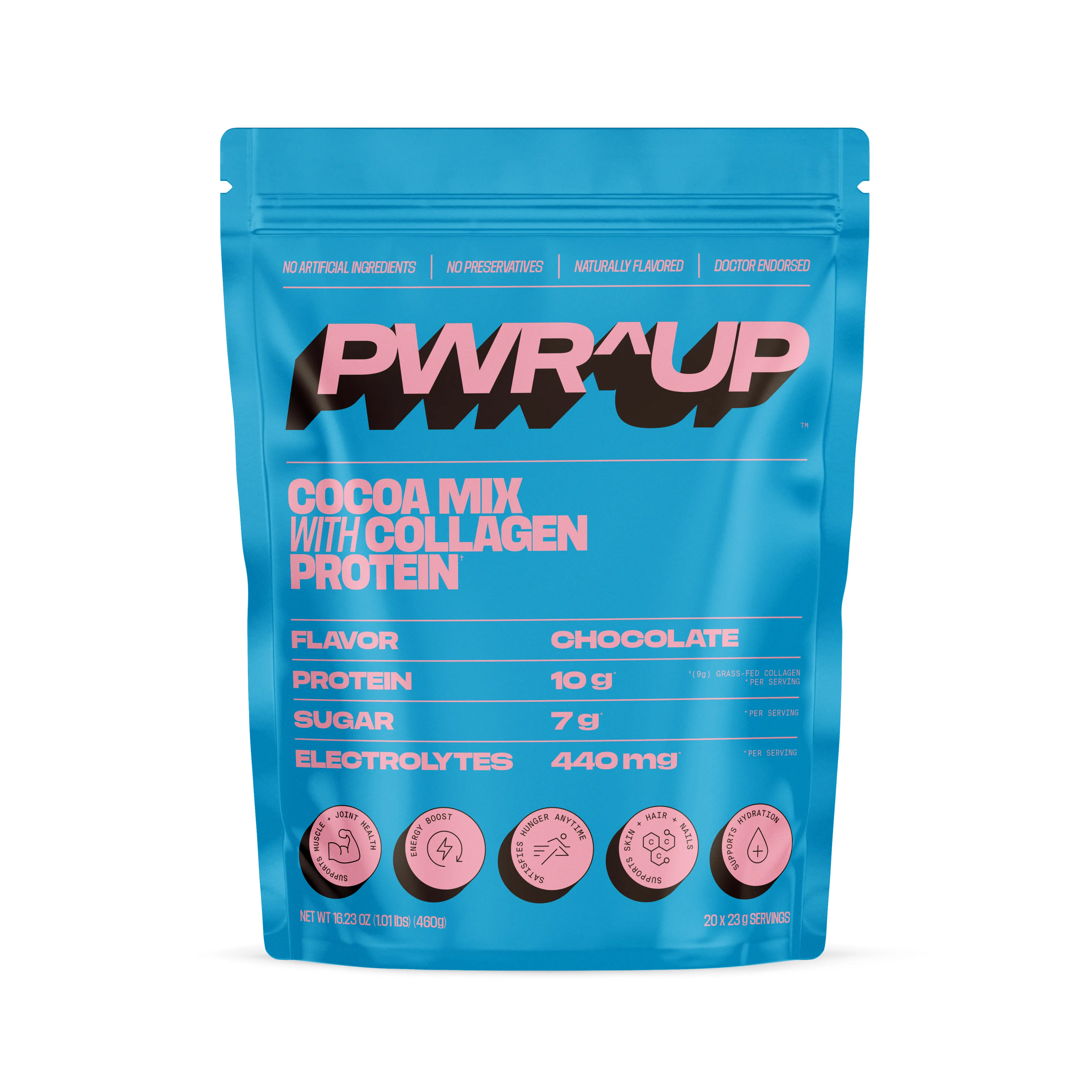 PWR^UP Chocolate Flavored Cocoa Mix with Collagen Protein 16.23 oz.  Ditch the sugary creamers, snacks and drinks. Chocolate treat and supports your body. Eat it right out of the bag, it's that's good.  Sprinkle It. Dip It. Blend It. Bake It. Dutch Proces