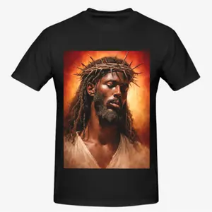 Menswear Short-Sleeve Round Neck Black Jesus T-Shirt, African American Christian Graphic Top, Crown of Thorns Portrait Casual Cotton Unisex Religious Gift Apparel