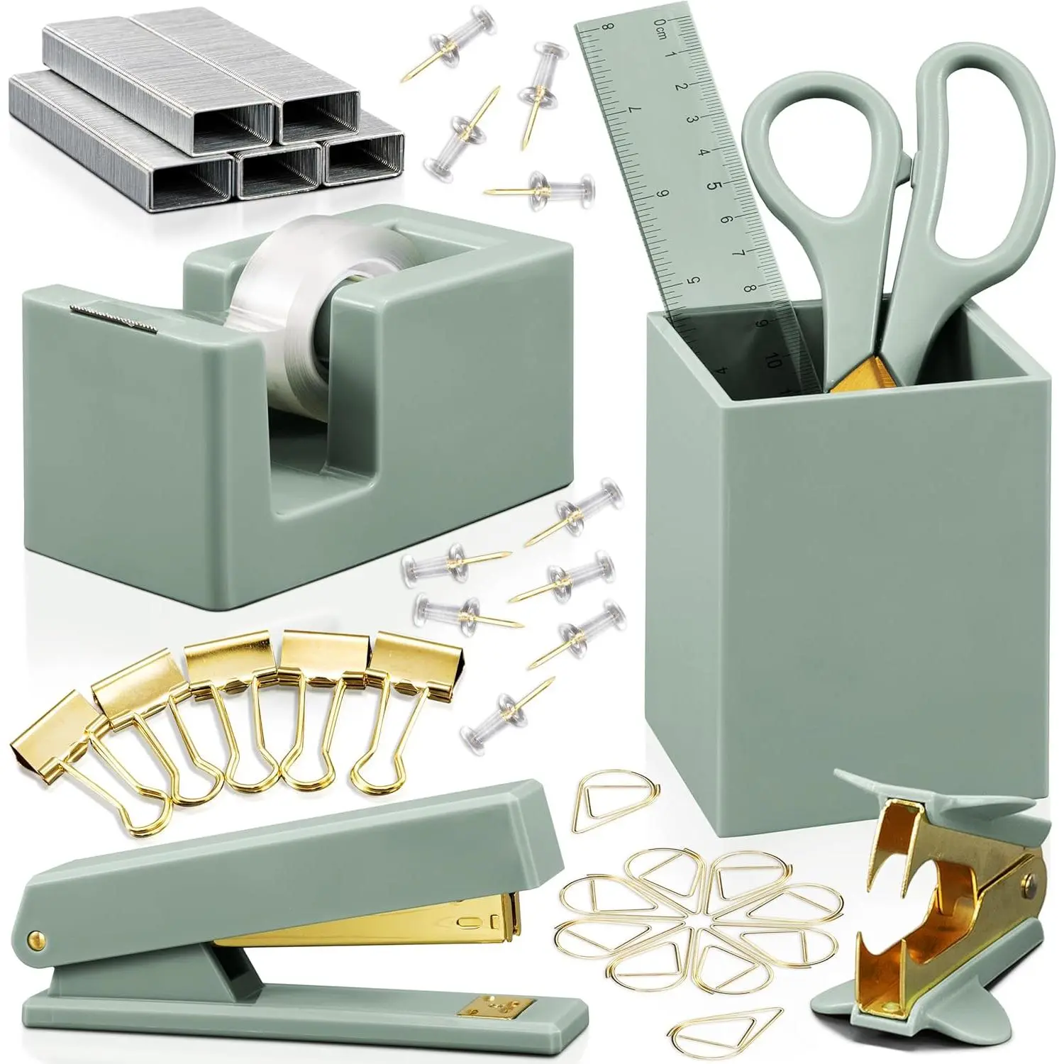 Aesthetic Desk Accessories Set - A Complete Desktop Organizer Set For Women Enhances Any Office Decor - An Office Supplies Kit w Gold Finish incl.Pen Holder, Scissors, Stapler, Tape Dispenser & More : Office Products