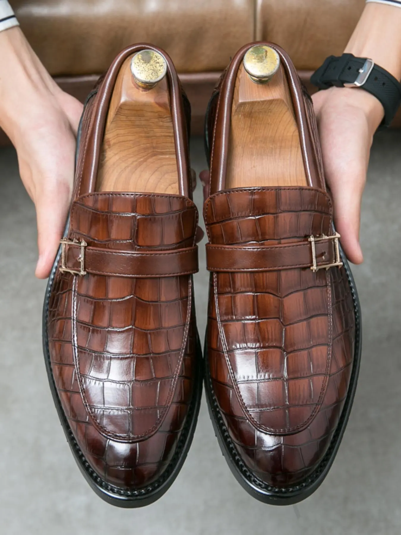 Men's Business Formal Crocodile Embossed Belted Design Dress Shoes, Business Style Shoes, Fashionable Shoes for Work Office Party Wedding, Male All-match Shoes for Daily Wear, Business Style Footwear