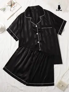 [Plus Size] Contrast Binding Top & Shorts Pyjama Set, Casual Comfy Short Sleeve Top & Shorts PJ Set, Women's Sleepwear for All Seasons, Loungewear, Pajama Set