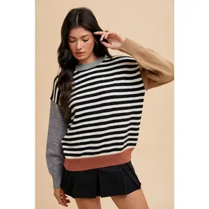 Annie Wear Striped Color Block Round Neck Sweater