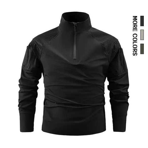 Men’s Outdoor Tactical Quick-Dry Long-Sleeve Athletic Tee - Breathable Stretch Fabric, Half-Zip Stand Collar, Mesh Panel, Breathable Top, Dry Fit Tees for Tactical Training, Hiking