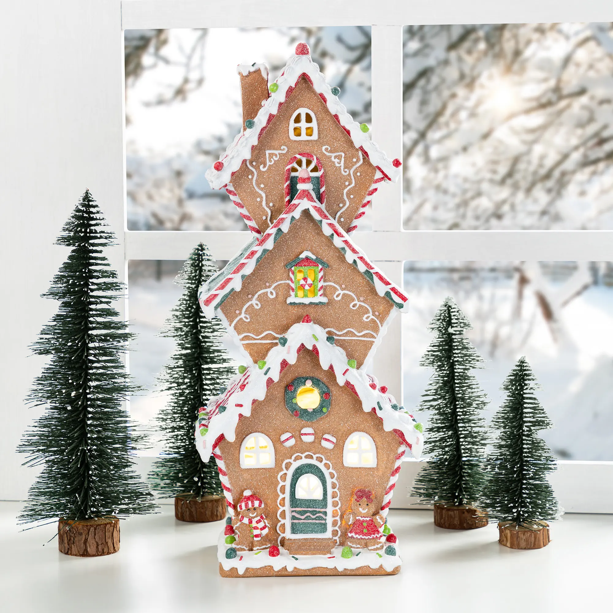 Glitzhome 18.5"H Durable Lighted Resin Holiday Gingerbread House Table Decor - Hand Painted Color, Timer Function, Fits on Any Table or Shelf, Christmas