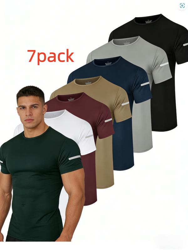 7pcs Men's Solid Crew Neck Short Sleeve T-Shirts, Breathable Quick-Dry Sports Tops With Reflective Strips Design, Suitable Fir Running And Fitness, Outdoor Cloth Men Muscle Men's T-Shirts Fitness Shirts for Men Athletic T-Shirts Activewear Shirts