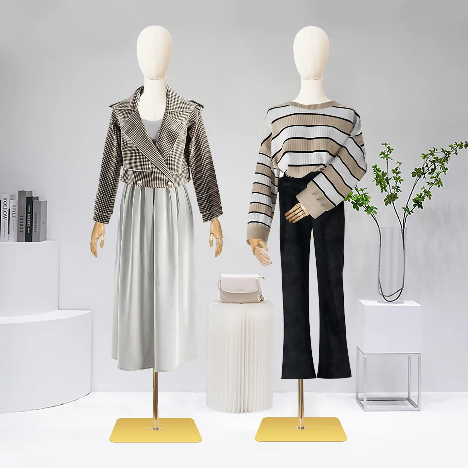 Female Linen Fabric Dress Form Mannequin Torso - Home Decor, Photography Use - Detachable Head, 2 Wooden Hands, Curly Hair Wig Decor, Adjustable Height Metal Stand, Solid Core Heavy-Duty Plastic Solid Base, Durable Clothes Display