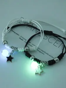 Glow-In-The-Dark Fashionable Couple Bracelet Set, Star Moon Clover Cat Designs, Romantic Nighttime Jewelry, Unique Design Friendship Bracelets, Stackable Bracelets