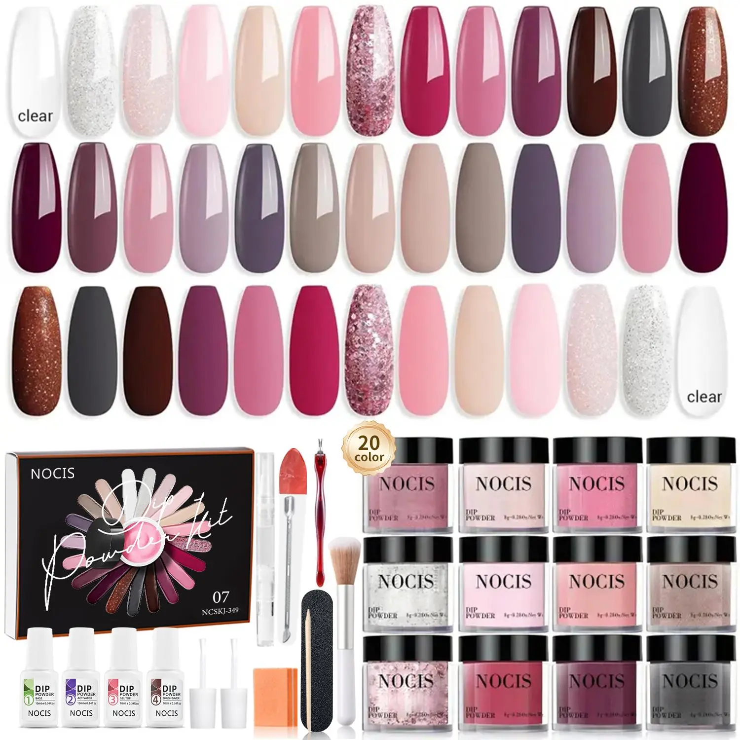20 Color Glitter Dip Powder Nail Set, 31pcs/set Dip Powder Liquid Set with Top Coat/Base Coat Activator for French Nail Art, French Manicure, DIY Nail Art Kit, Nail Tech Supplies, Nail Products