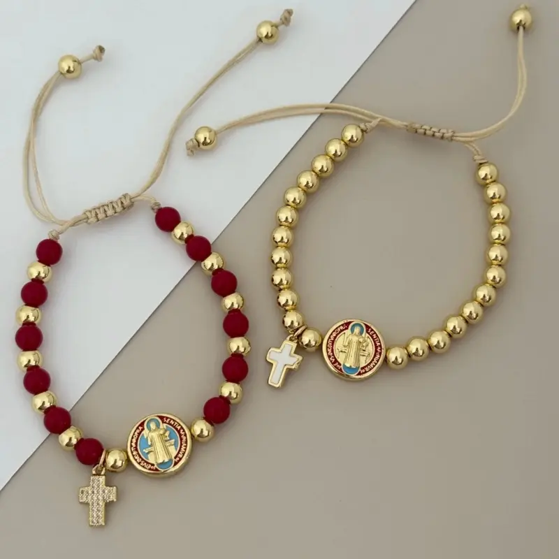 Red and Gold Adjustable Saint Benedict Bracelet with Hanging Cross for Men